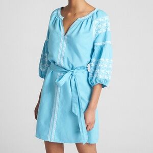 Gap Blue Embroidered Balloon Sleeve Tie-Belt Dress - Linen/Cotton - L